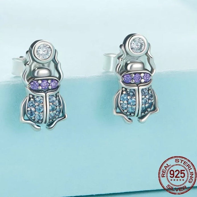 Purple and Blue CZ Scarab Earrings