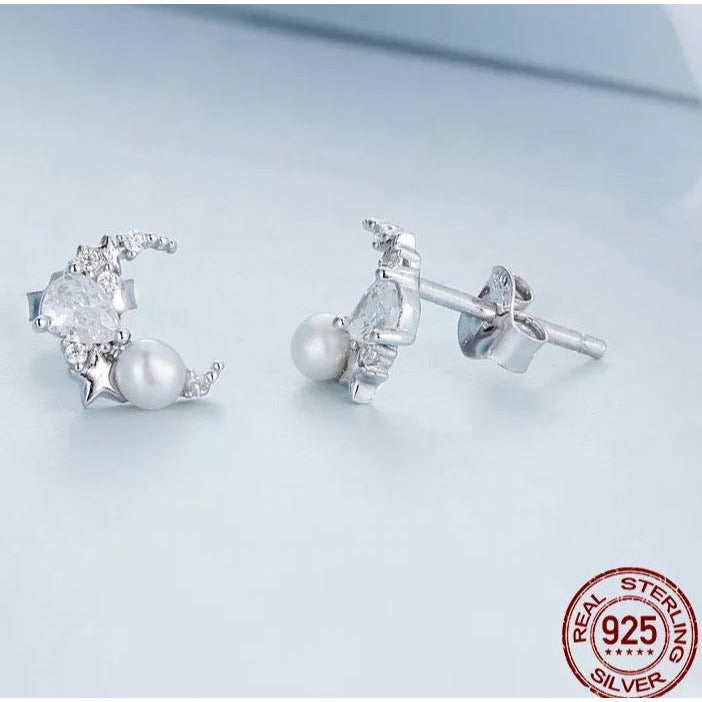 CZ Moon & Star Drop Stud Earrings