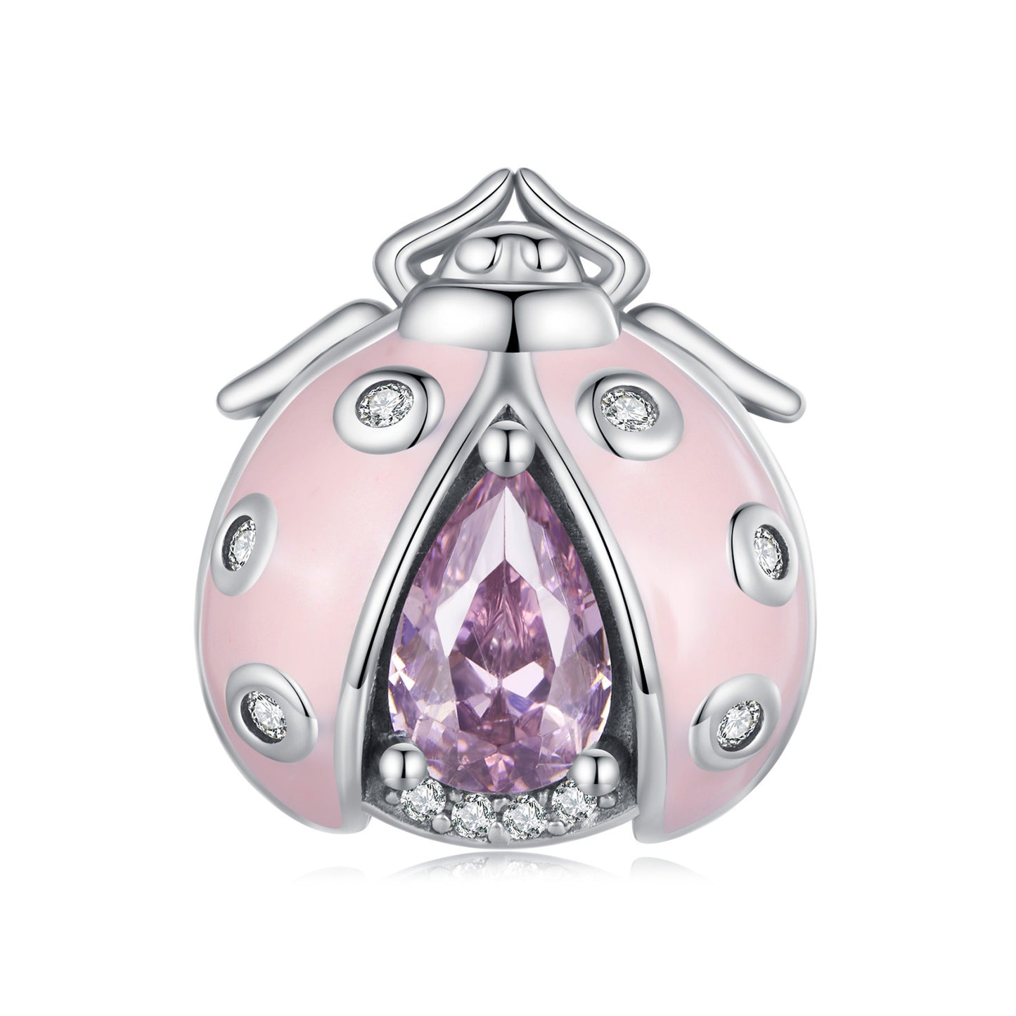 Pink Enamel CZ Ladybug Bead Charm