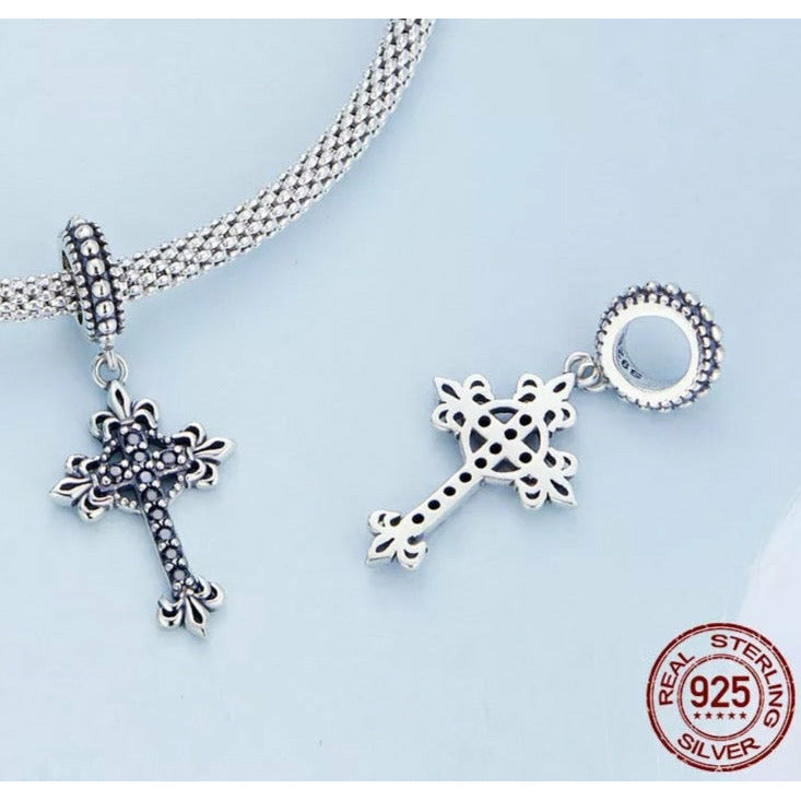 Black CZ Cross Fleur-de-Lis Element Dangle Charm