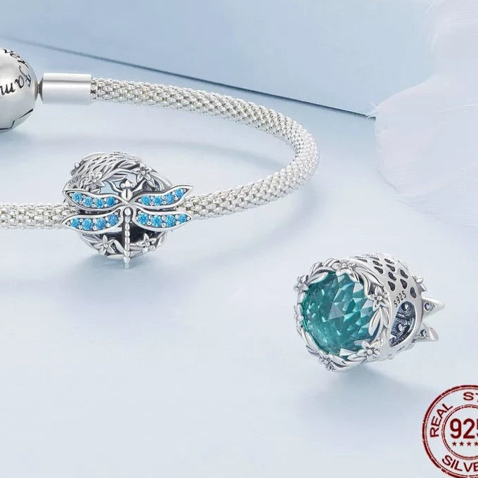 Murano Glass Blue CZ Dragonfly Bead Charm
