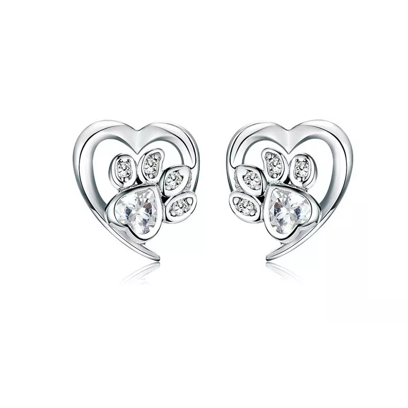 CZ Paw Print Heart Stud Earrings