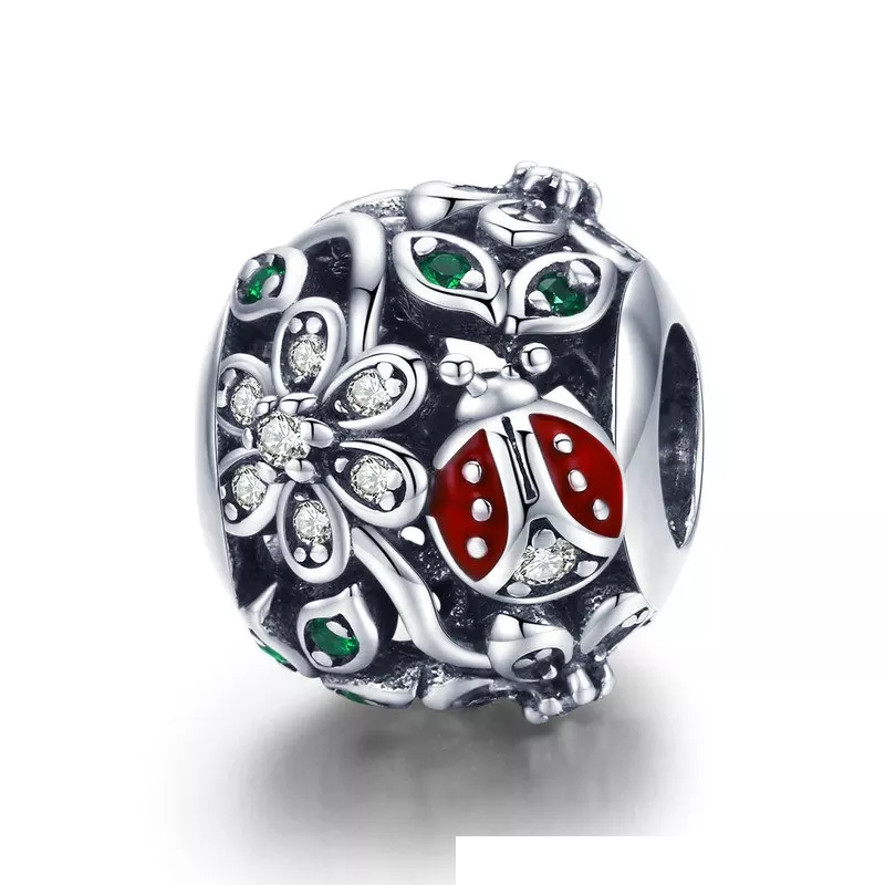 Red Ladybug and CZ Daisy Flower Bead Charm