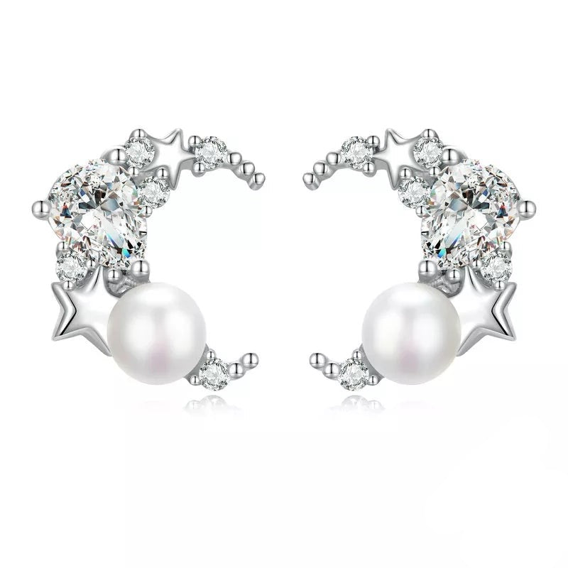 CZ Moon & Star Drop Stud Earrings