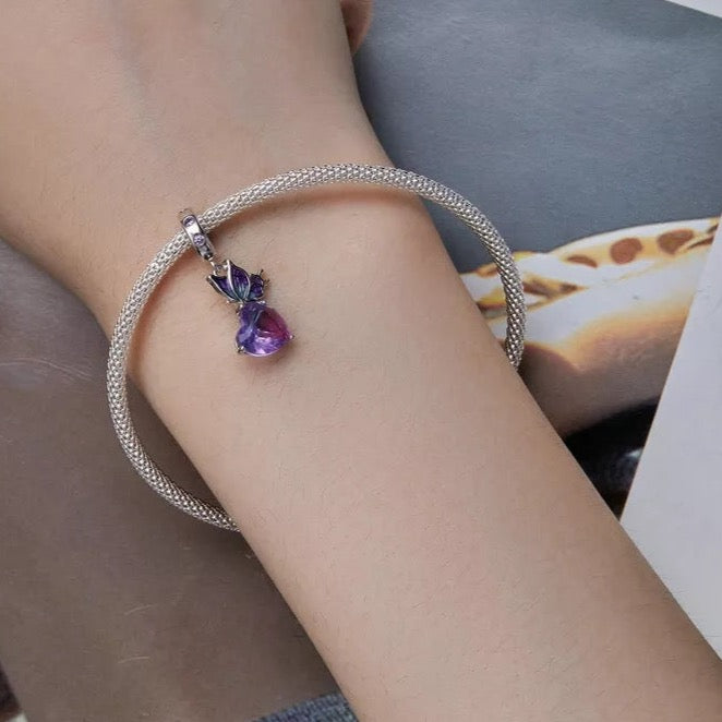 Purple CZ Heart and Butterfly Dangle Charm