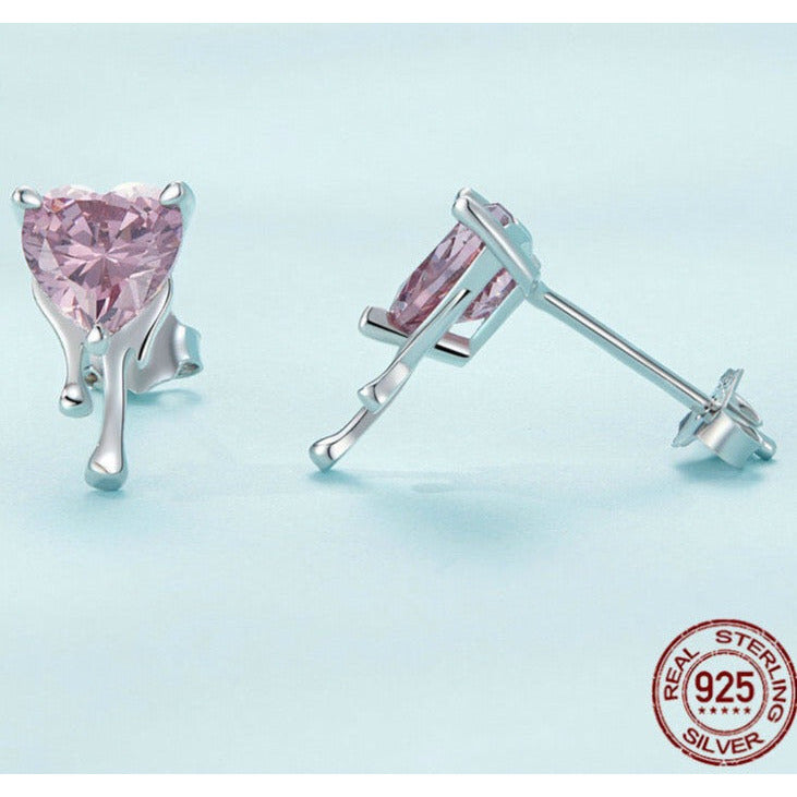 Pink CZ Dripping with Love Heart Earrings