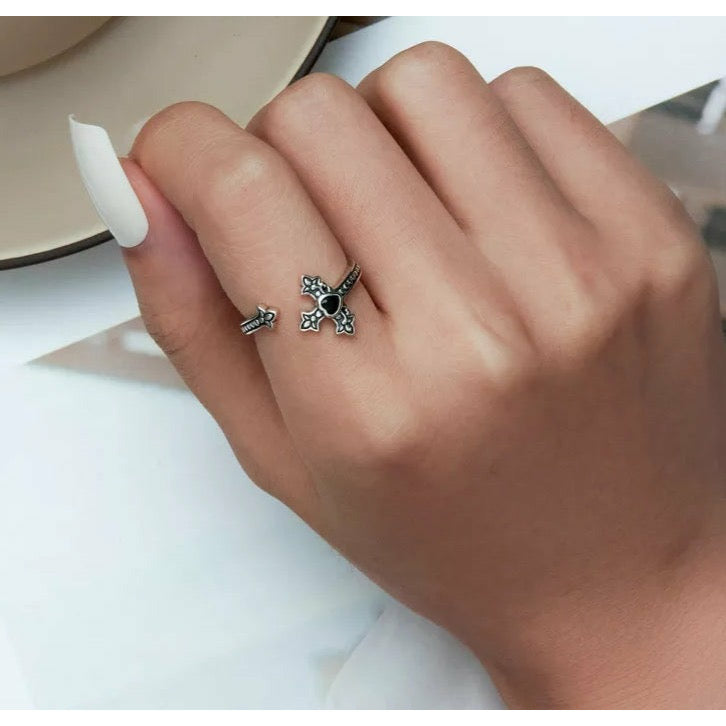 Black CZ Vintage Cross Ring