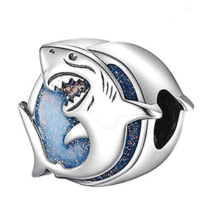 925 Sterling Silver Blue Enamel Angry Shark Bead Charm