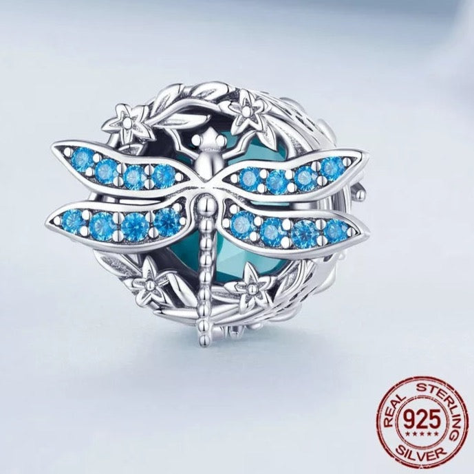 Murano Glass Blue CZ Dragonfly Bead Charm