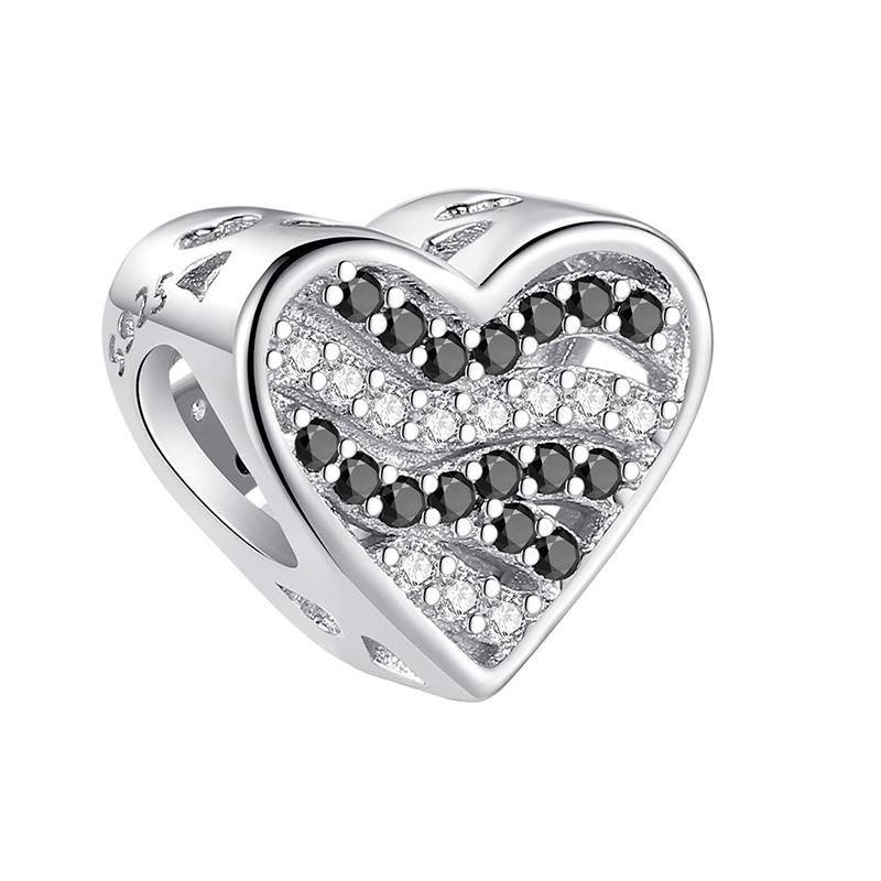 Black and Clear CZ Heart Bead Charm
