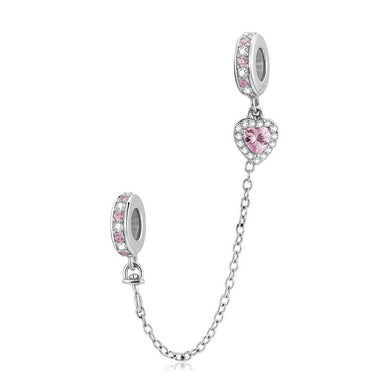 925 Sterling Silver Pink CZ Heart SILICONE Safety Chain