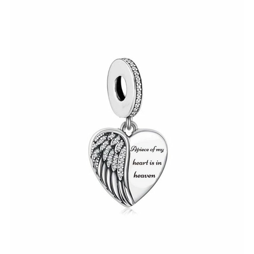 CZ Angel Wing Heart 'A Piece Of My Heart Is In Heaven' Pandora Compatible Charm – Silver Memorial Jewelry with CZ Heart and Angel Wing Symbolizing Love and Loss