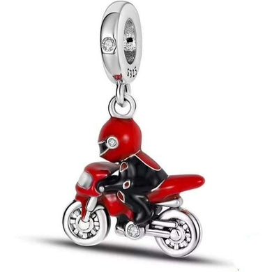 925 Sterling Silver Red Enamel Bike and Rider Dangle Charm