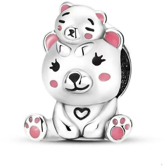 Mom And Baby Teddy Bear Pink Enamel Bead Charm