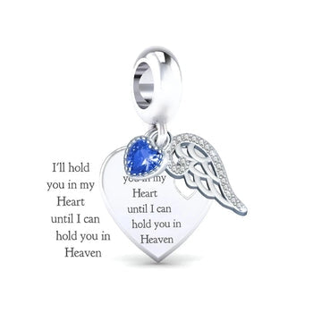I’ll Hold You In My Heart Until I Can Hold You In Heaven Heart with Angel Wing and Blue CZ Heart Dangle Charm – Silver Memorial Jewelry with Blue Cubic Zirconia and Angel Wing