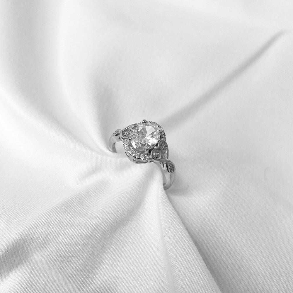 Clear CZ Oval Halo Vintage Heart Detail Ring