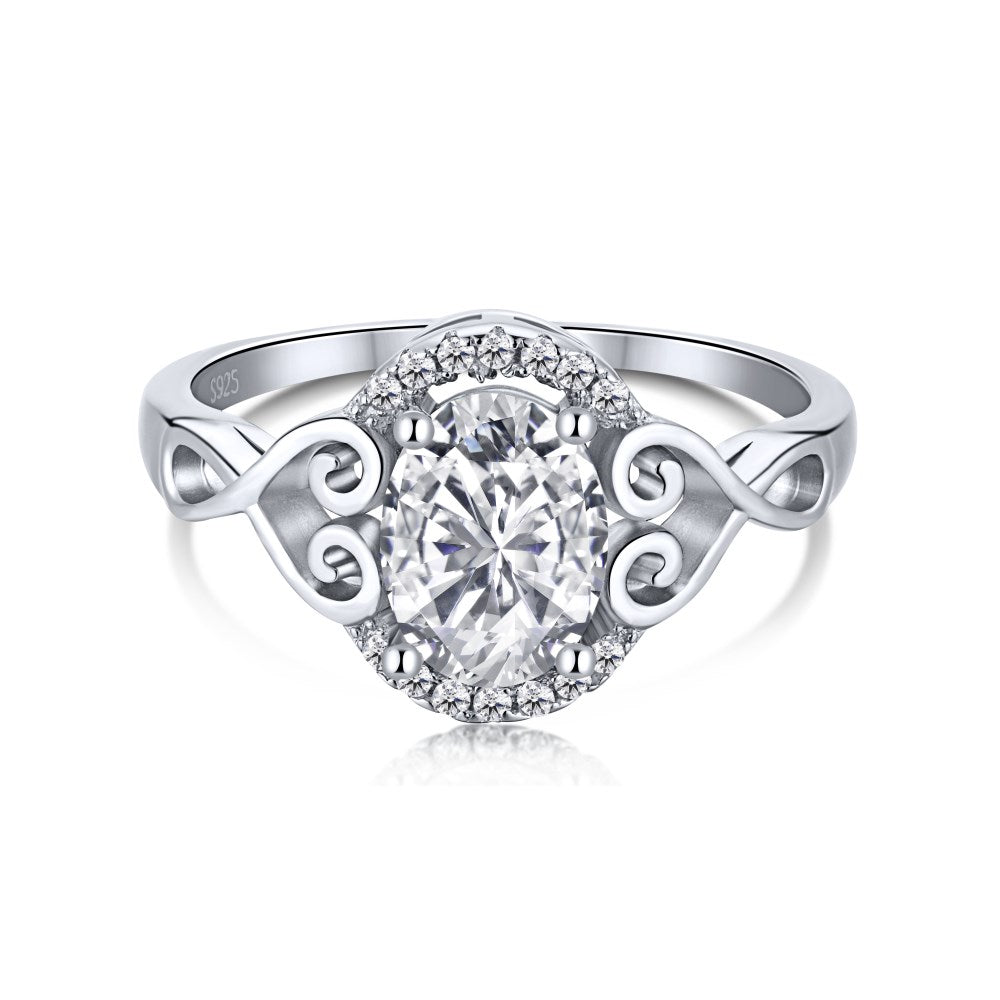 Clear CZ Oval Halo Vintage Heart Detail Ring