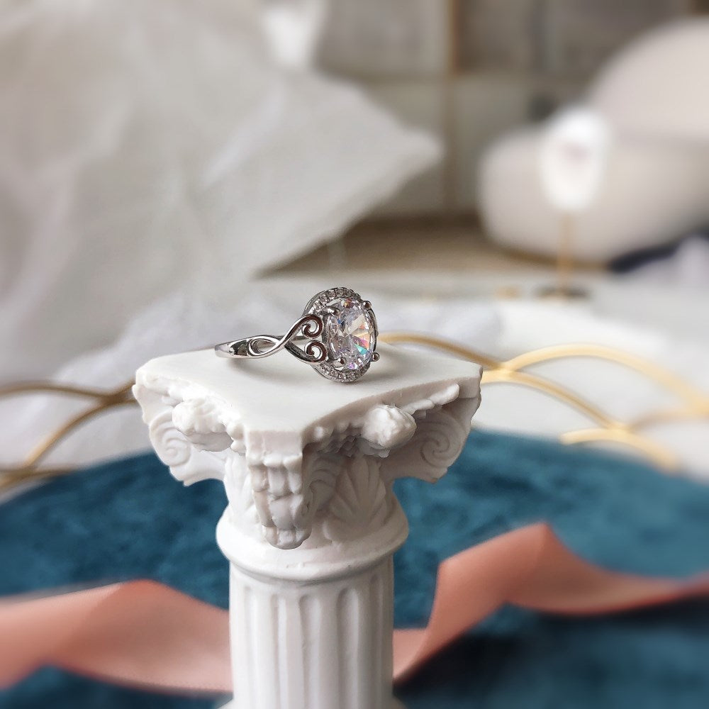 Clear CZ Oval Halo Vintage Heart Detail Ring