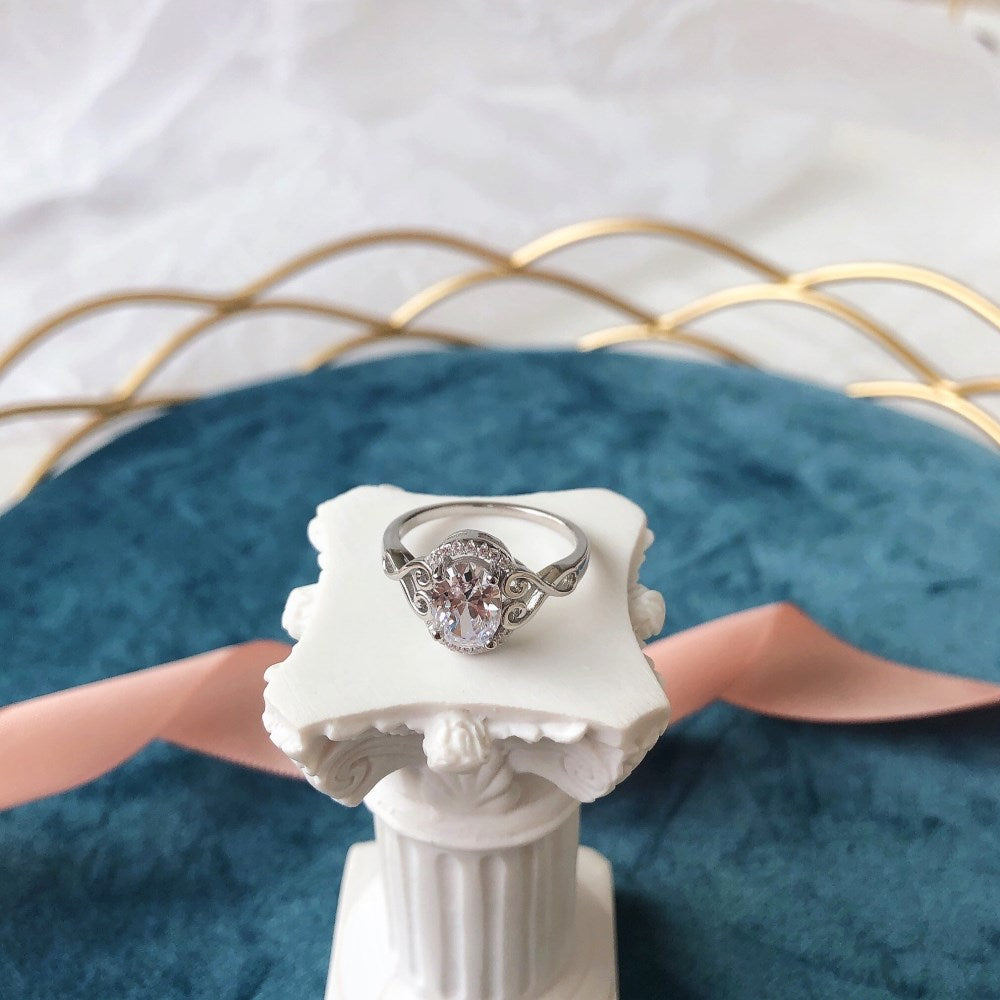 Clear CZ Oval Halo Vintage Heart Detail Ring