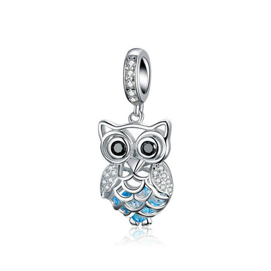 925 Sterling Silver Shining CZ Blue OWL Dangle Charm