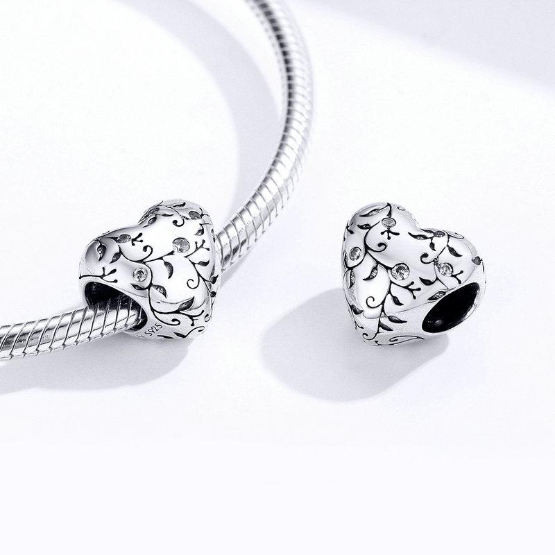 Floral Motive CZ Heart Bead Charm