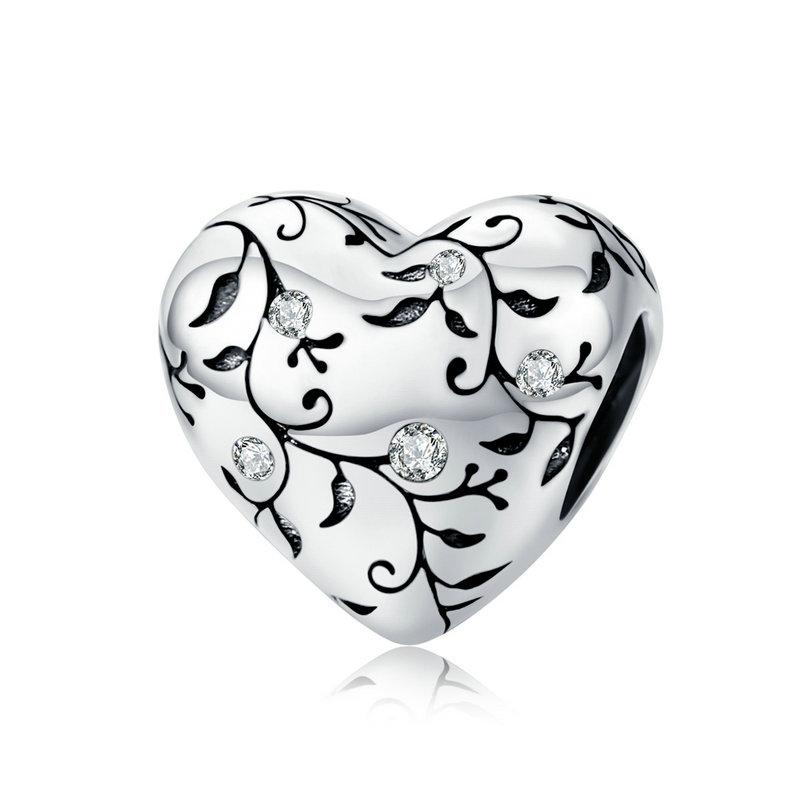 Floral Motive CZ Heart Bead Charm