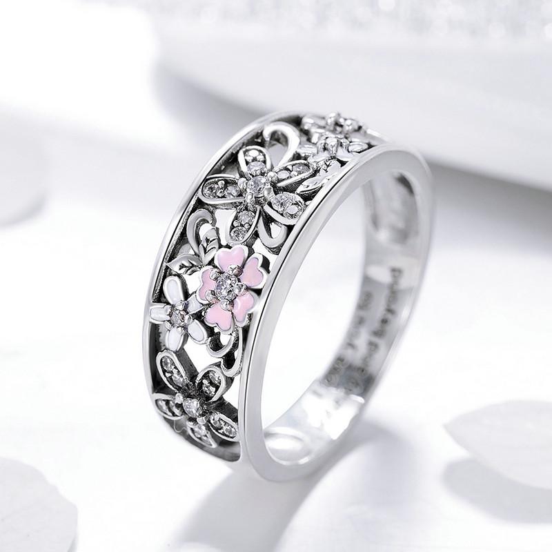 CZ Pink and White Enamel Daisy Flower Ring
