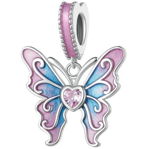 925 Sterling Silver Pink and Blue Enamel CZ Butterfly Dangle Charm