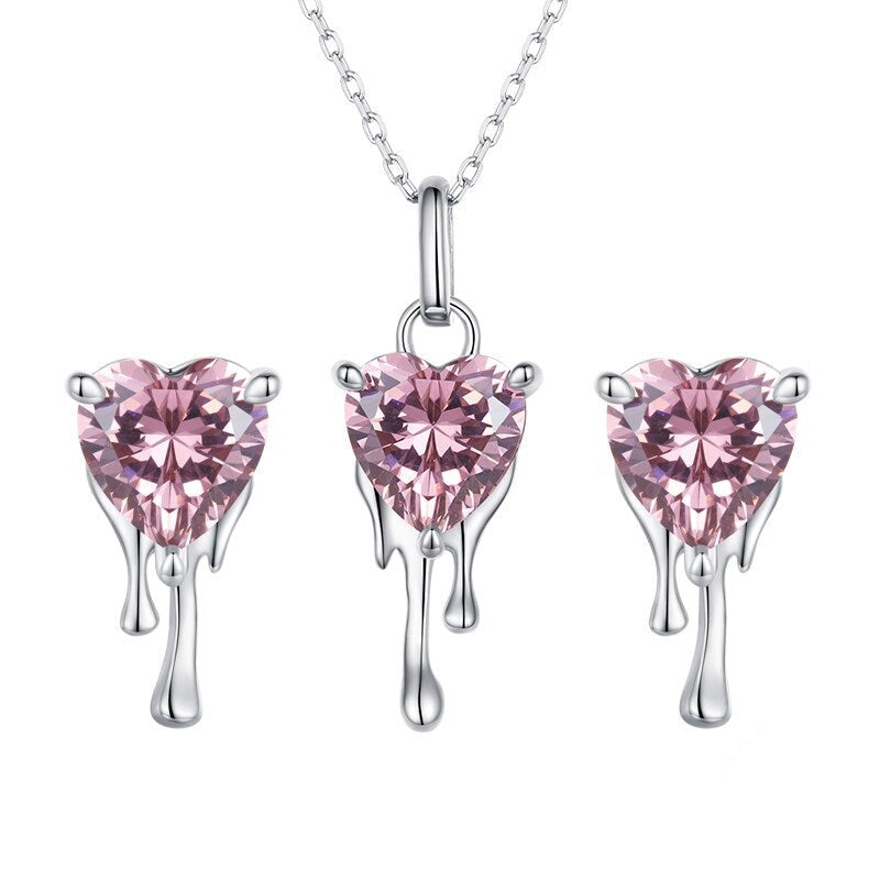 Pink CZ Heart Dripping with Love Necklace and earring set