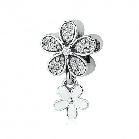 Double Daisy White Enamel and CZ Bead Charm
