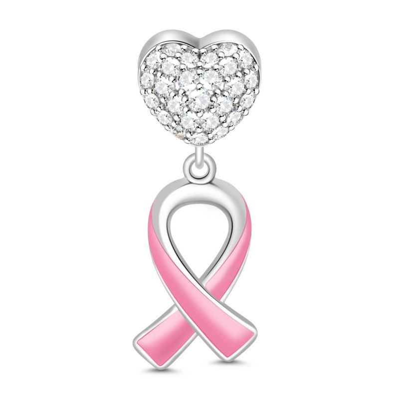 CZ Heart With Pink Enamel Cancer Ribbon Dangle Charm