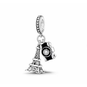 925 Sterling Silver Paris Eiffel Tower and Camera Dangle Charm
