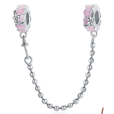 925 CZ Sterling Silver Pink Enamel Heart With Flower SILICONE Safety Chain