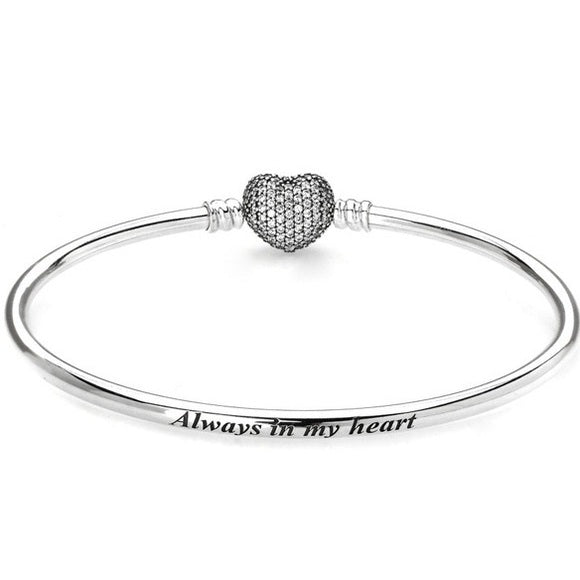 CZ Heart Clasp "Always in my Heart" SOLID Bangle
