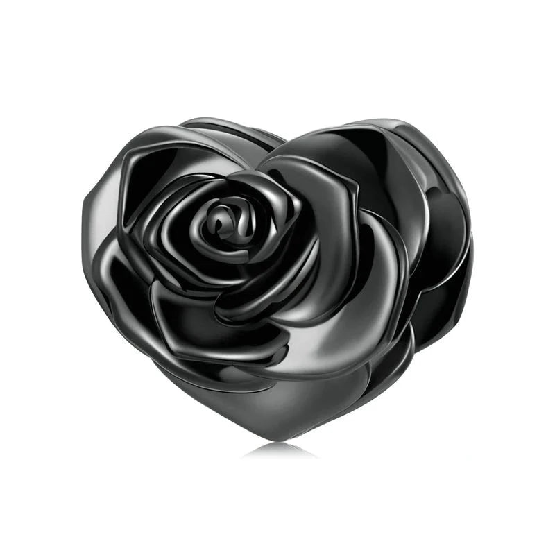 Black Enamel Rose Heart Bead Charm
