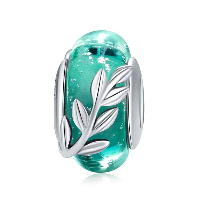 Leaf Motive European Teal Murano Glass Bead Charm