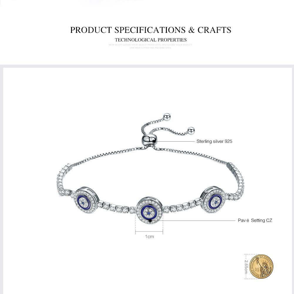 925 Sterling Silver Luxury Round Blue Eyes Clear Cubic Zircon Crystal Tennis Adjustable Bracelet Jewelry SCB002
