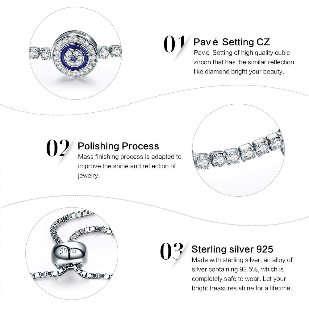 925 Sterling Silver Luxury Round Blue Eyes Clear Cubic Zircon Crystal Tennis Adjustable Bracelet Jewelry SCB002