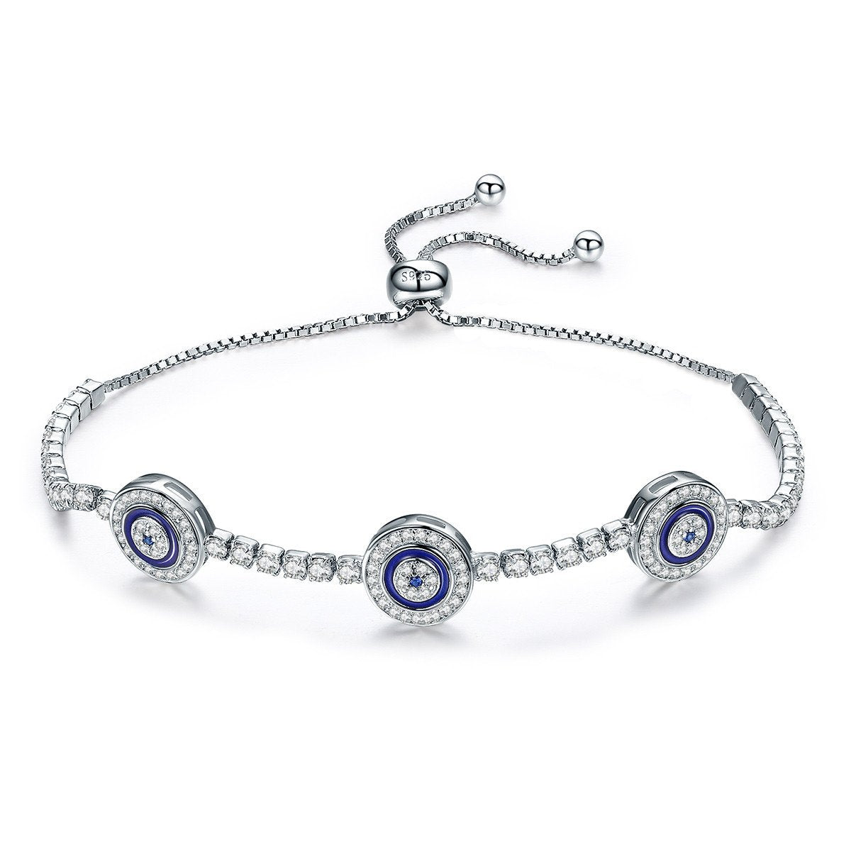 925 Sterling Silver Luxury Round Blue Eyes Clear Cubic Zircon Crystal Tennis Adjustable Bracelet Jewelry SCB002
