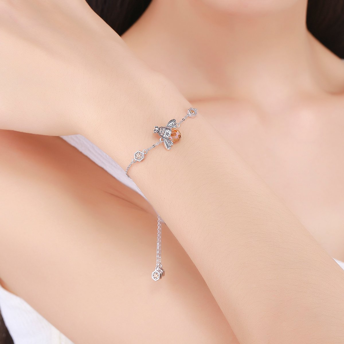 Genuine 100% 925 Sterling Silver Dancing Honey Bee Chain Link Women Bracelet Crystal Big Stone Bracelet Jewelry SCB043