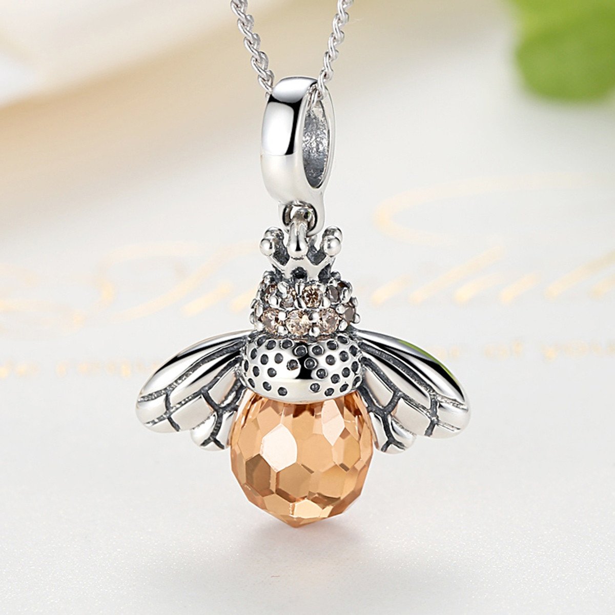 925 Sterling Silver Cute Orange Queen Bee Animal Pendant Necklace for Women Fashion Jewelry SCC035
