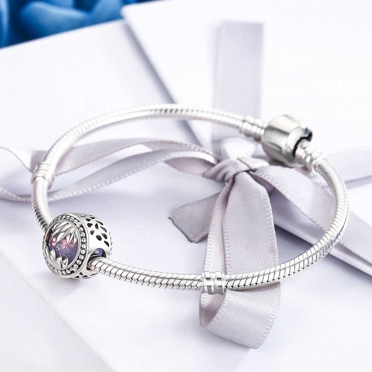 Authentic 925 Sterling Silver Autumn Tree Maple Leaf Pink Stone Beads fit Women Charm Bracelets DIY Jewelry SCC437