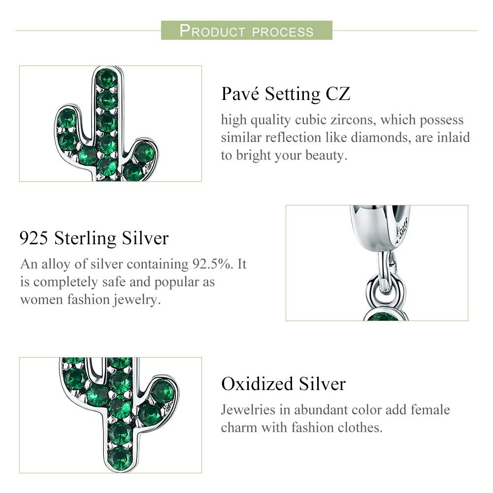 100% 925 Sterling Silver Strong Cactus Glittering Green CZ Pendant Charm fit Women Charm Bracelet DIY Jewelry SCC515