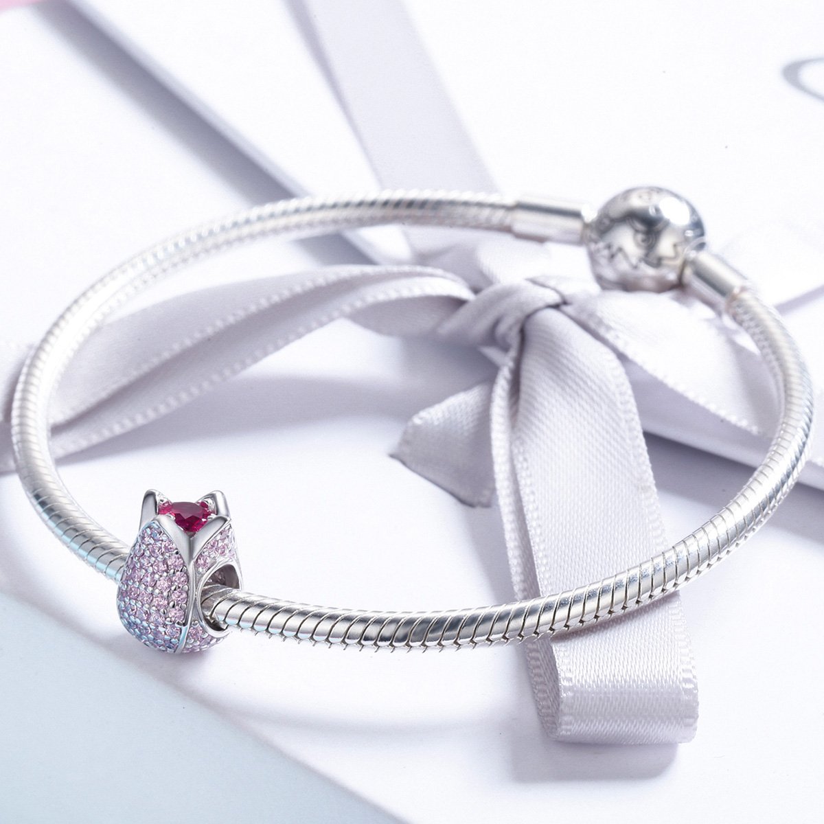 Romantic 925 Sterling Silver Tulip Flower Petals Pink CZ Beads fit Women Bracelet & Necklaces DIY Jewelry Making SCC569