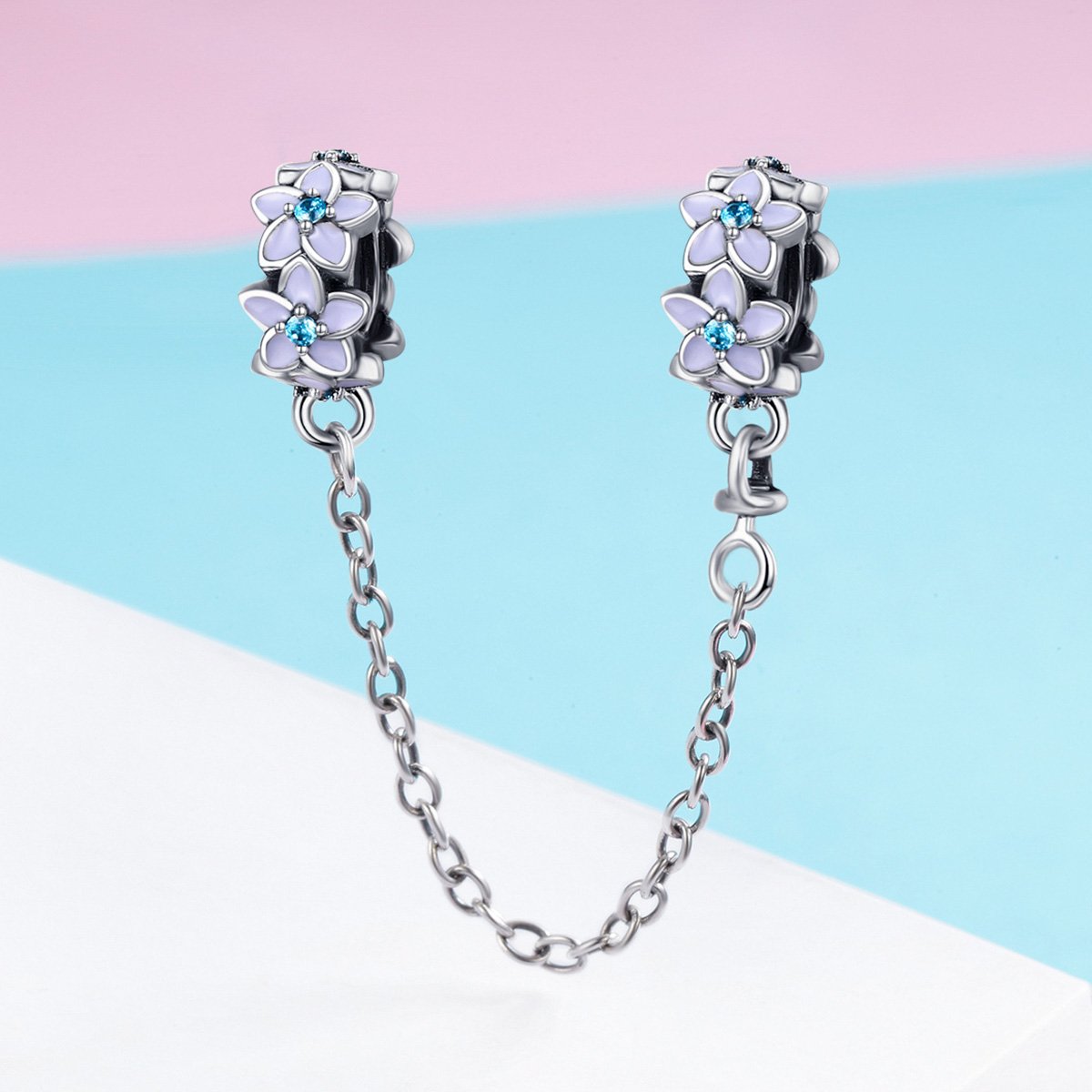 100% 925 Sterling Silver Purple Enamel Daisy Flower Safety Chain Stopper Charm fit Charm Bracelet DIY Jewelry SCC602