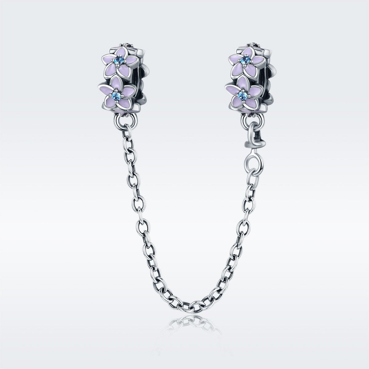 100% 925 Sterling Silver Purple Enamel Daisy Flower Safety Chain Stopper Charm fit Charm Bracelet DIY Jewelry SCC602