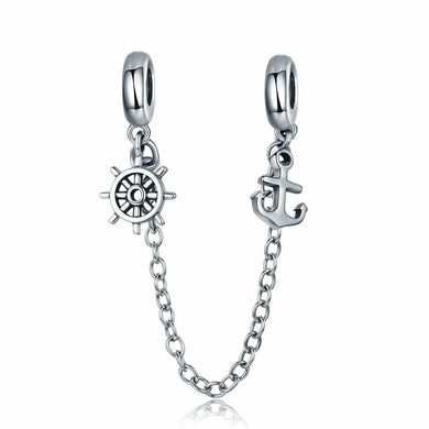 925 Sterling Silver Voyage Anchor & Rudder Safety Chain Stopper Charm fit Bracelet Bangles Jewelry SCC604