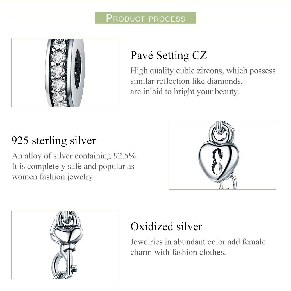 Authentic 925 Sterling Silver Stackable Heart Love Heart Dangle Safety Chain Charm fit Charm Bracelet DIY Jewelry SCC606