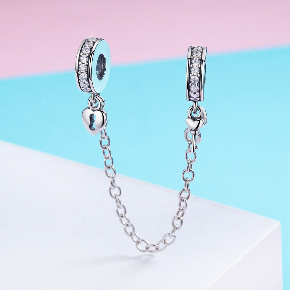 Authentic 925 Sterling Silver Stackable Heart Love Heart Dangle Safety Chain Charm fit Charm Bracelet DIY Jewelry SCC606
