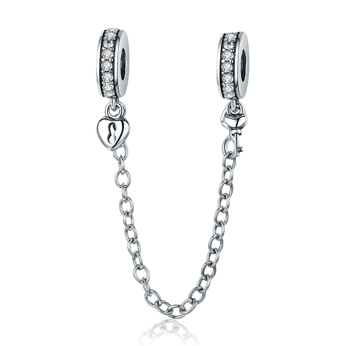 Authentic 925 Sterling Silver Stackable Heart Love Heart Dangle Safety Chain Charm fit Charm Bracelet DIY Jewelry SCC606